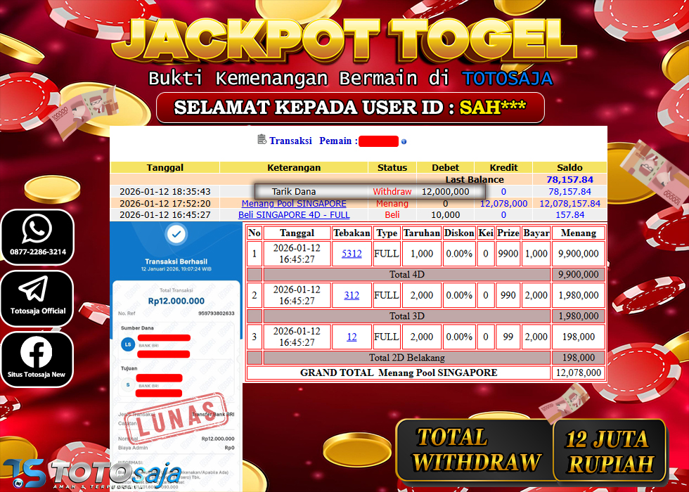 TOTOSAJA JACKPOT TOGEL ONLINE SINGAPORE Rp.12.000.000,- LUNAS