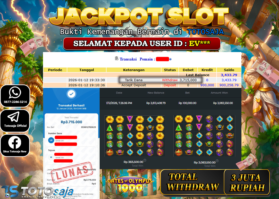 TOTOSAJA JACKPOT SLOT ONLINE GATES OF OLYMPUS 1000 Rp.3.715.000,- LUNAS