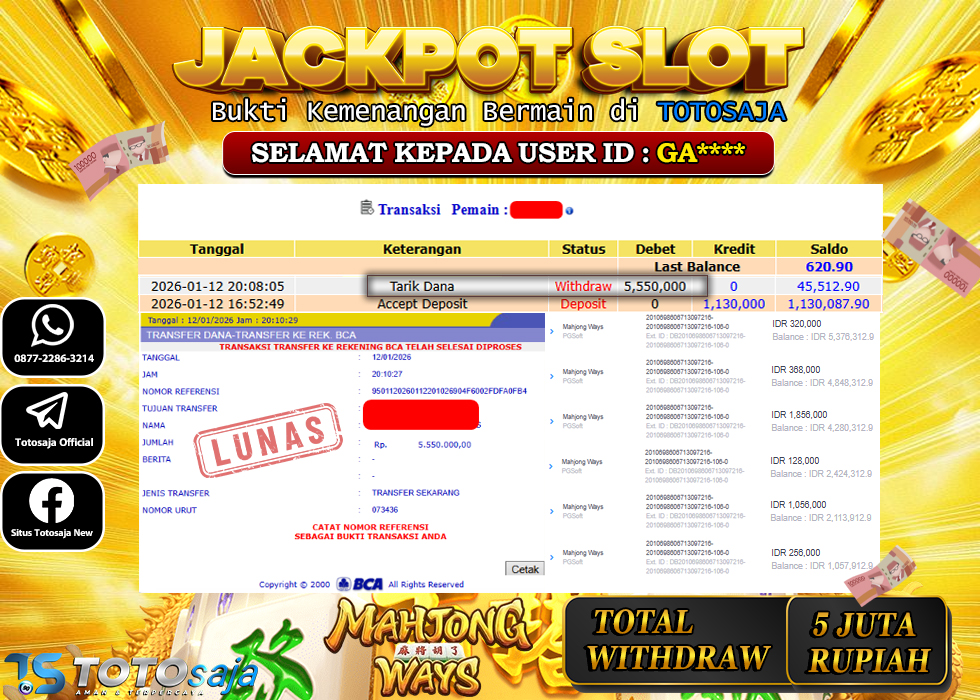 TOTOSAJA JACKPOT SLOT ONLINE MAHJONG WAYS Rp.5.550.000,- LUNAS
