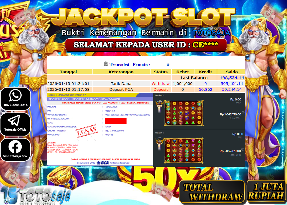 TOTOSAJA JACKPOT SLOT ONLINE GATES OF OLYMPUS SUPER SCATTER Rp.1.004.000,- LUNAS