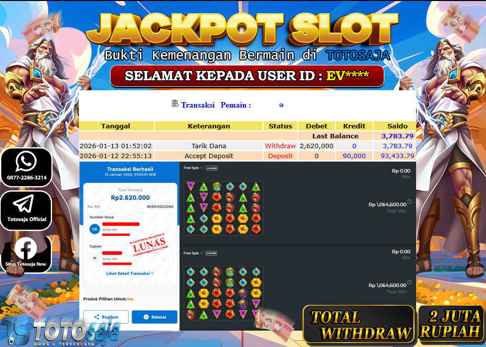 TOTOSAJA JACKPOT SLOT ONLINE GATES OF OLYMPUS 1000 Rp.2.620.000,- LUNAS