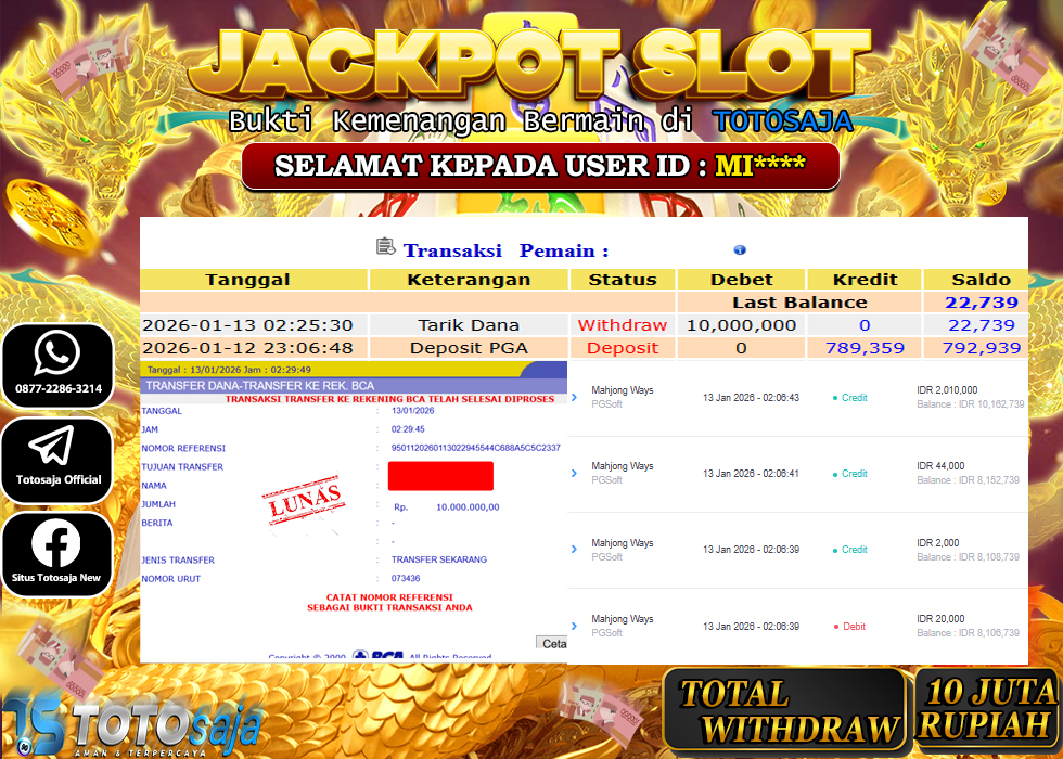 TOTOSAJA JACKPOT SLOT ONLINE MAHJONG WAYS Rp.10.000.000,- LUNAS