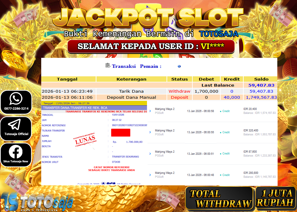 TOTOSAJA JACKPOT SLOT ONLINE MAHJONG WAYS 2 Rp.1.700.000,- LUNAS