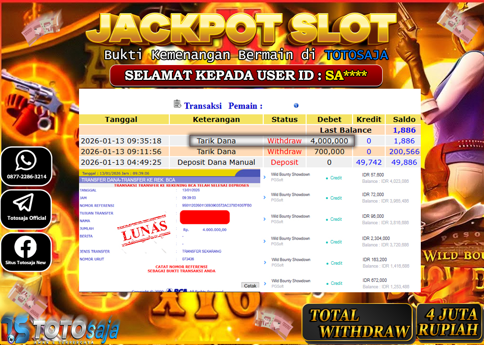 TOTOSAJA JACKPOT SLOT ONLINE WILD BOUNTY SHOWDOWN Rp.4.000.000,- LUNAS