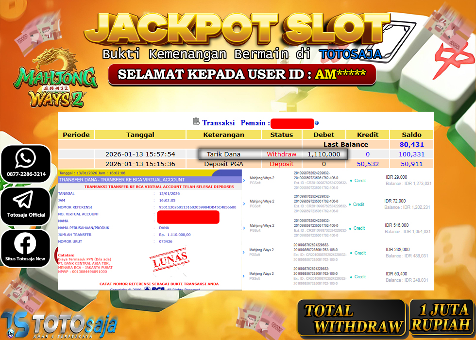 TOTOSAJA JACKPOT SLOT ONLINE MAHJONG WAYS 2 Rp.1.110.000,- LUNAS