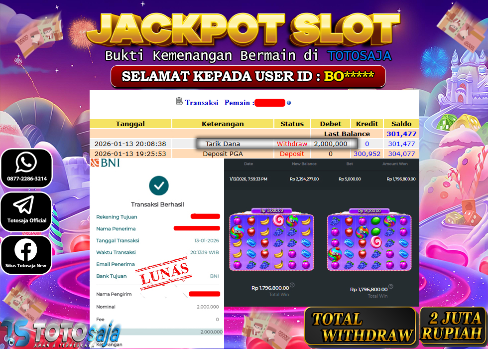 TOTOSAJA JACKPOT SLOT ONLINE SWEET BONANZA SUPER SCATTER Rp.2.000.000,- LUNAS