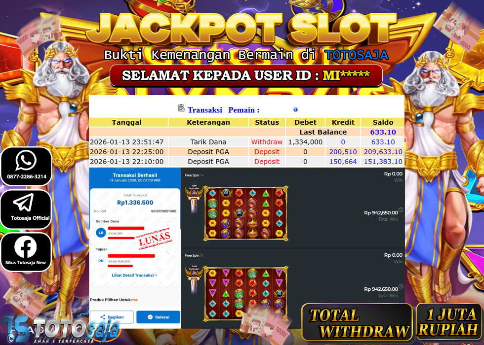 TOTOSAJA JACKPOT SLOT ONLINE GATES OF OLYMPUS SUPER SCATTER Rp.1.334.000,- LUNAS