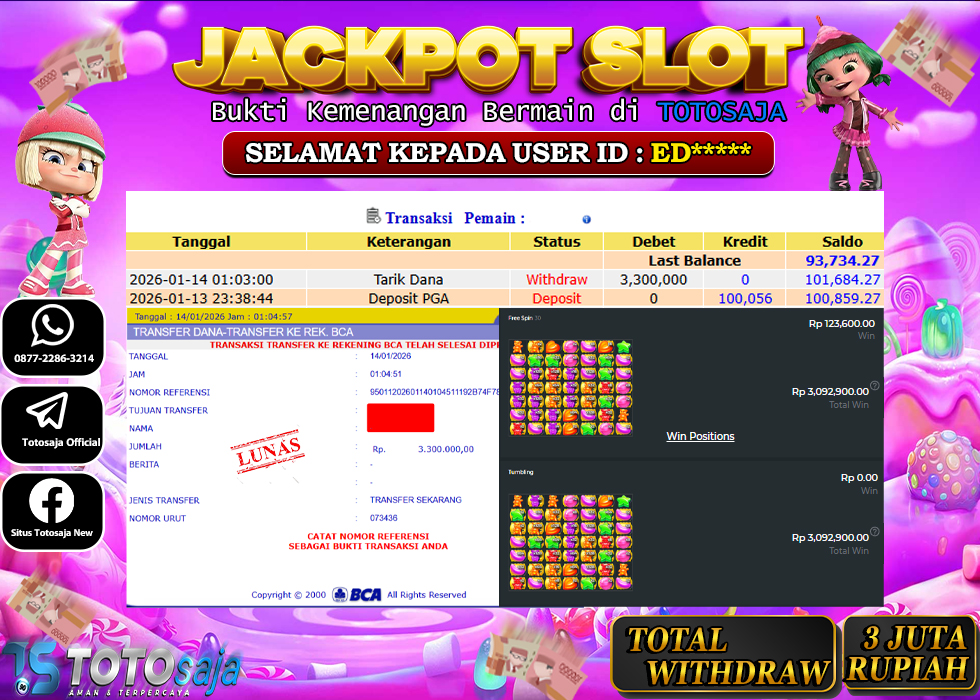TOTOSAJA JACKPOT SLOT ONLINE SUGAR RUSH Rp.3.300.000,- LUNAS