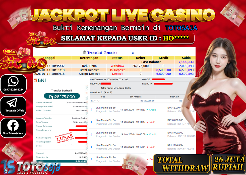 TOTOSAJA JACKPOT LIVE CASINO ONLINE MANIA SIC BO Rp.26.175.000,- LUNAS