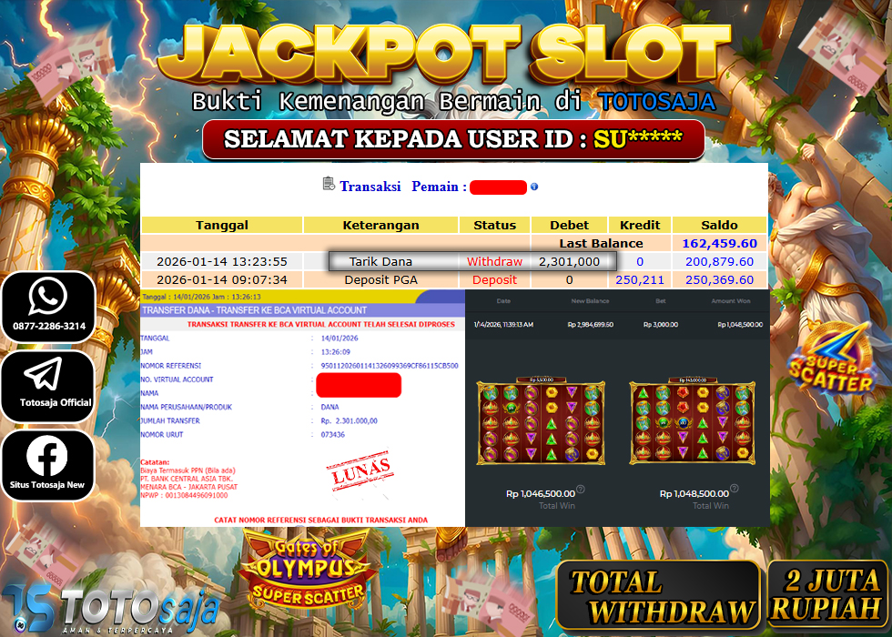 TOTOSAJA JACKPOT SLOT ONLINE GATES OF OLYMPUS SUPER SCATTER Rp.2.301.000,- LUNAS