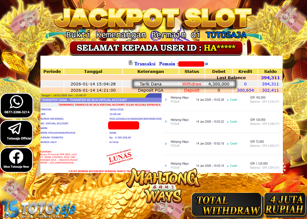 TOTOSAJA JACKPOT SLOT ONLINE MAHJONG WAYS Rp.4.300.000,- LUNAS