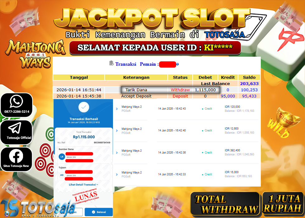 TOTOSAJA JACKPOT SLOT ONLINE MAHJONG WAYS Rp.1.115.000,- LUNAS