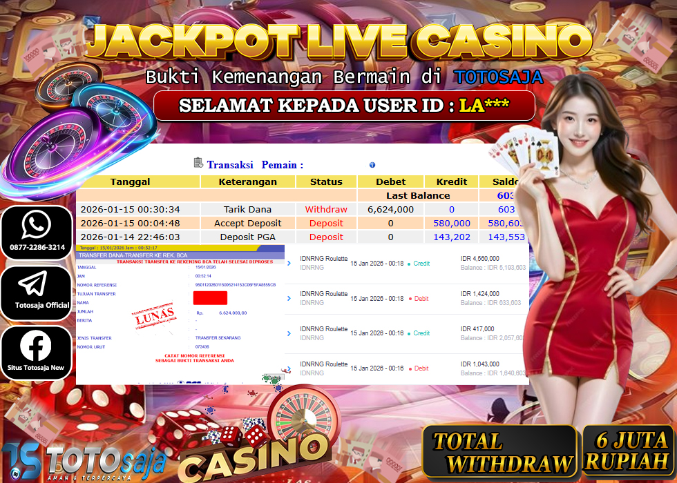 TOTOSAJA JACKPOT LIVE CASINO ONLINE ROULETTE Rp.6.624.000,- LUNAS