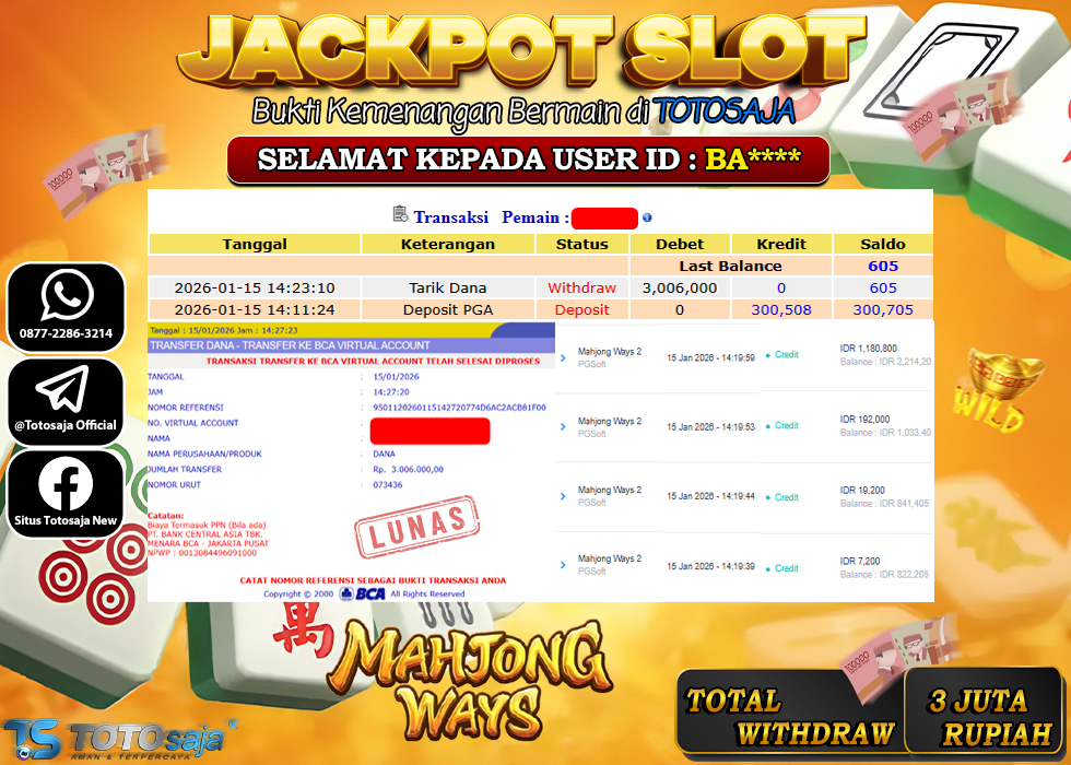 TOTOSAJA JACKPOT SLOT ONLINE MAHJONG WAYS Rp.3.006.000,- LUNAS