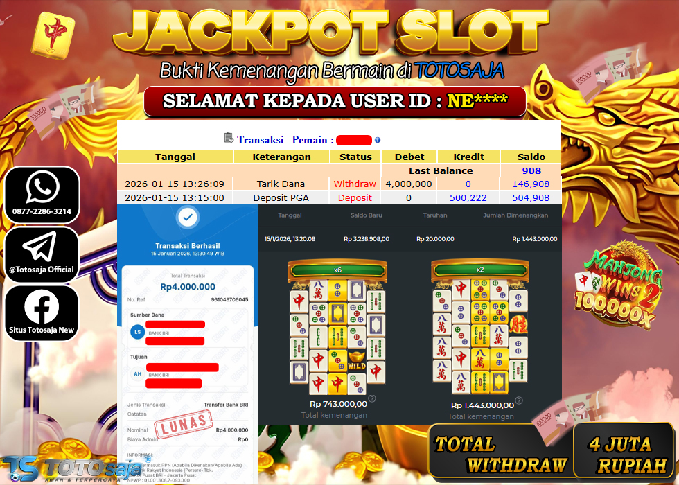 TOTOSAJA JACKPOT SLOT ONLINE MAHJONG WINS 2 Rp.4.000.000,- LUNAS