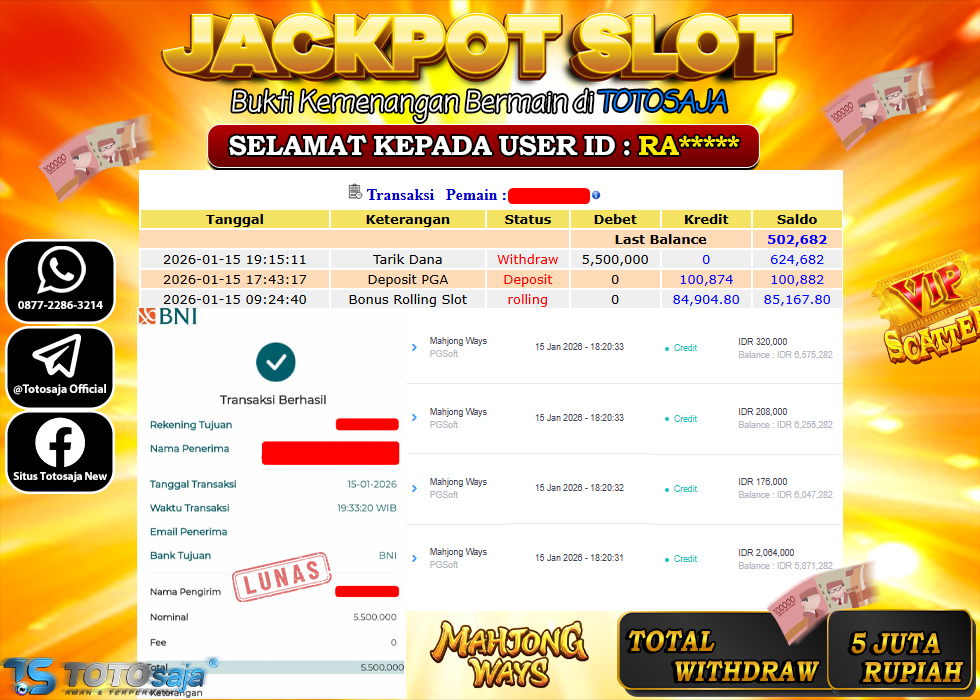 TOTOSAJA JACKPOT SLOT ONLINE MAHJONG WAYS Rp.5.500.000,- LUNAS