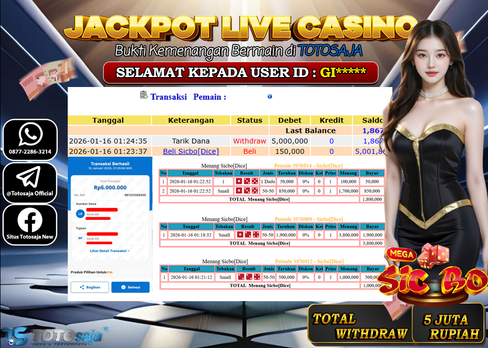 TOTOSAJA JACKPOT LIVE CASINO ONLINE SIC BO Rp.5.000.000,- LUNAS