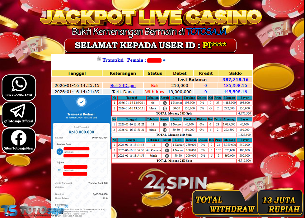 TOTOSAJA JACKPOT LIVE CASINO ONLINE 24D SPIN Rp.13.000.000,- LUNAS