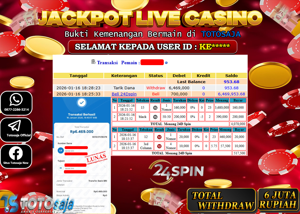 TOTOSAJA JACKPOT LIVE CASINO ONLINE 24D SPIN Rp.6.469.000,- LUNAS