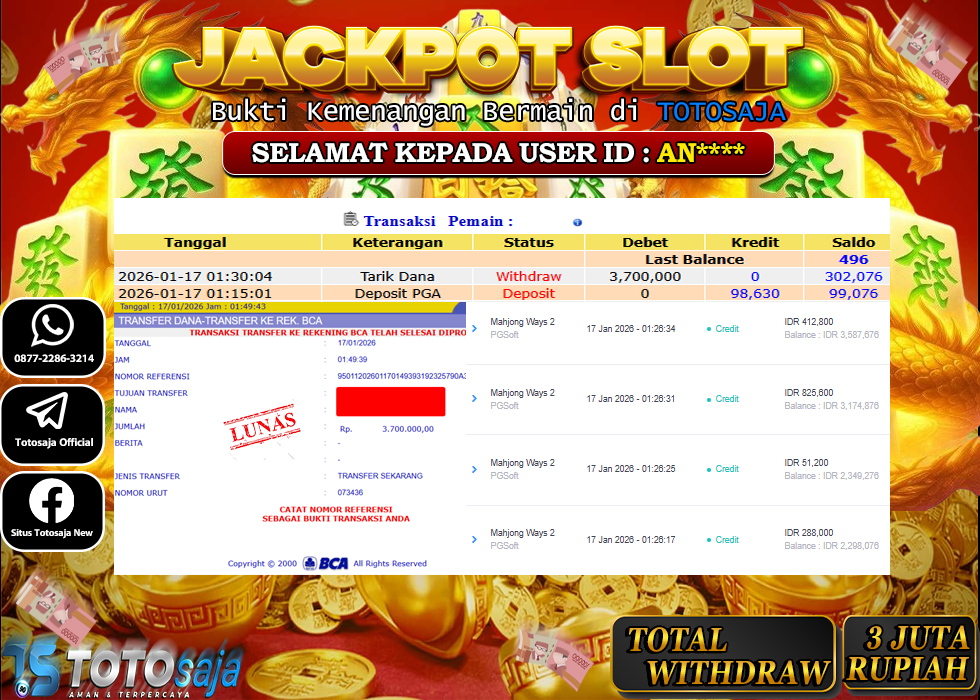 TOTOSAJA JACKPOT SLOT ONLINE MAHJONG WINS 2 Rp.3.700.000,- LUNAS