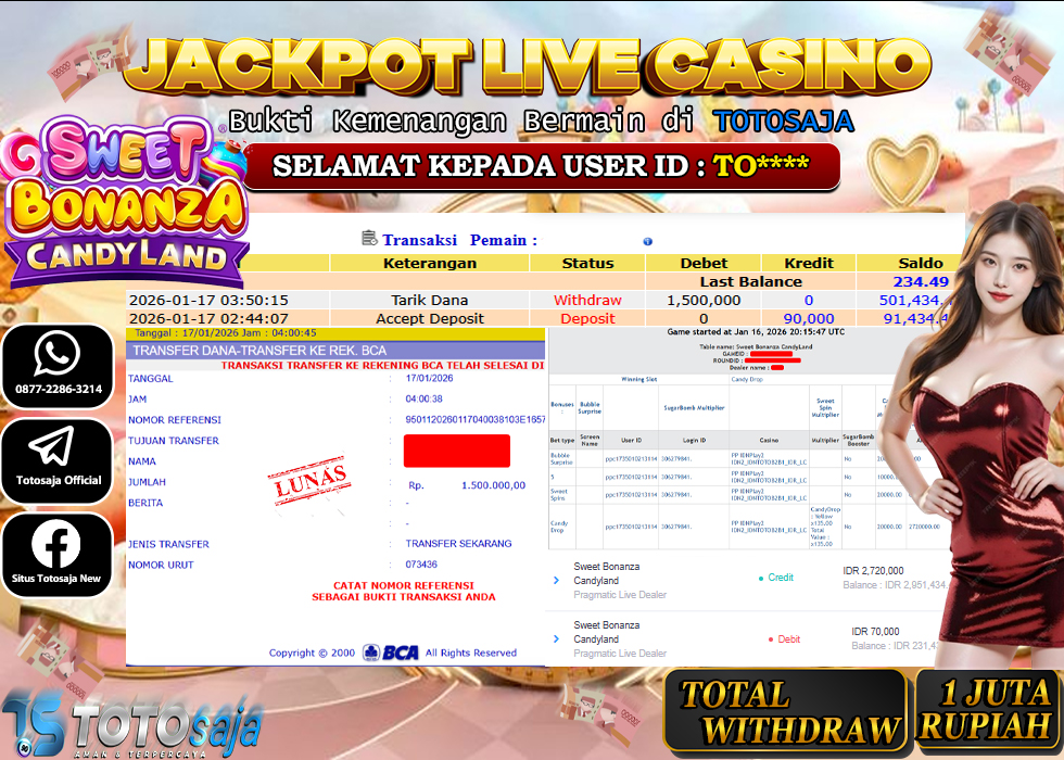 TOTOSAJA JACKPOT LIVE CASINO ONLINE Sweet Bonanza Candyland​​​​​​​ Rp.1.500.000,- LUNAS