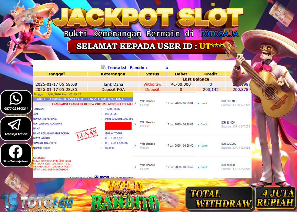 TOTOSAJA JACKPOT SLOT ONLINE WILD BANDITO  Rp.4.700.000,- LUNAS