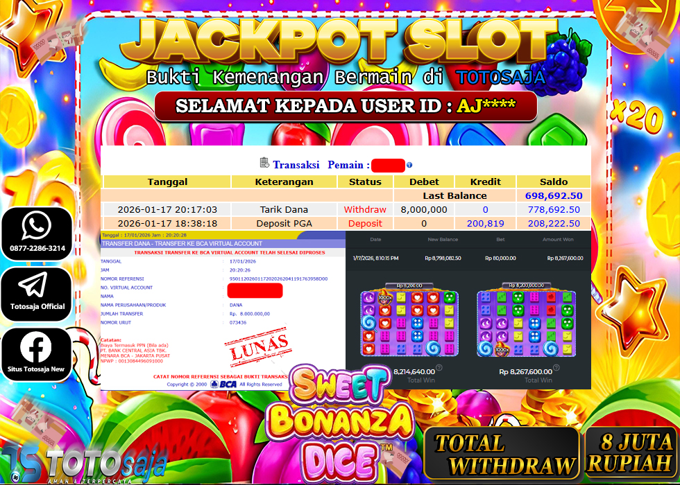 TOTOSAJA JACKPOT SLOT ONLINE SWEET BONANZA DICE Rp.8.000.000,- LUNAS