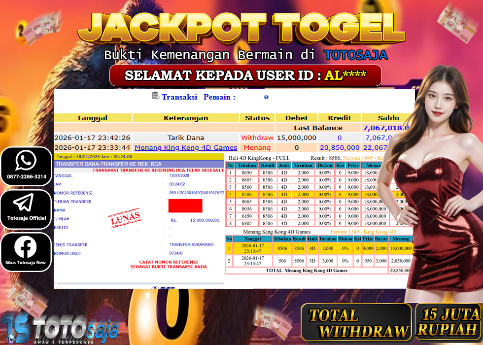 TOTOSAJA JACKPOT TOGEL ONLINE KING KONG 4D Rp.15.000.000,- LUNAS