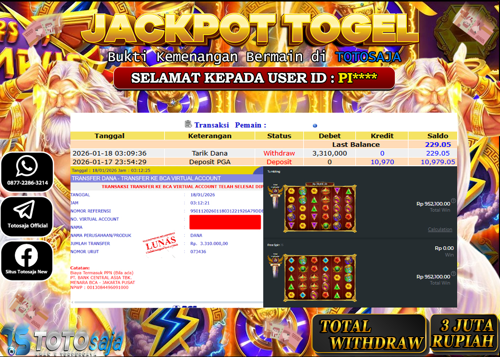 TOTOSAJA JACKPOT SLOT ONLINE GATES OF OLYMPUS SUPER SCATTER Rp3.310.000,- LUNAS