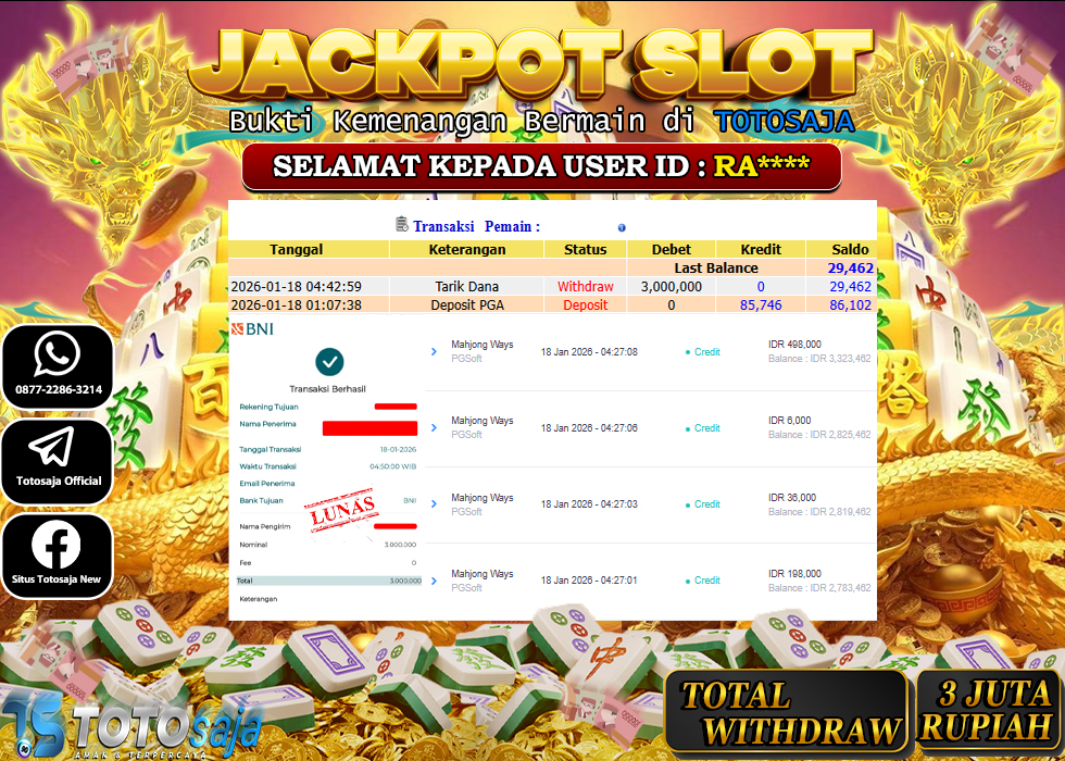 TOTOSAJA JACKPOT SLOT ONLINE GATES OF OLYMPUS Mahjong Ways​​​​​​​ Rp3.000.000,- LUNAS