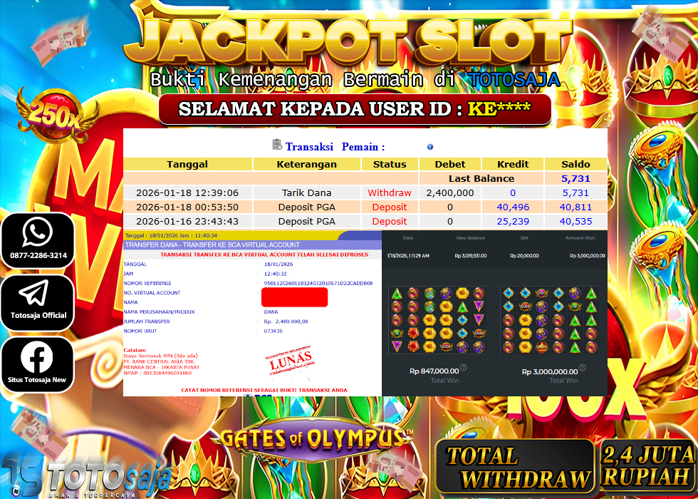 TOTOSAJA JACKPOT SLOT ONLINE GATES OF OLYMPUS Rp.2.400.000,- LUNAS