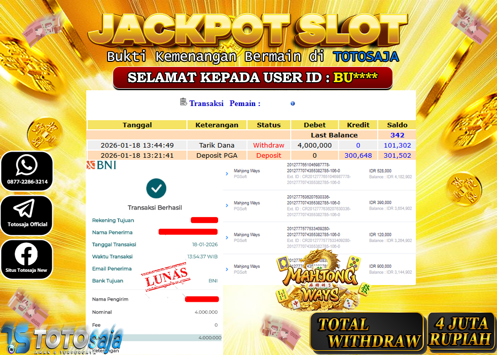 TOTOSAJA JACKPOT SLOT ONLINE MAHJONG WAYS Rp.4.000.000,- LUNAS