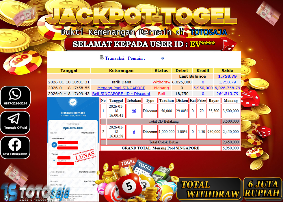 TOTOSAJA JACKPOT TOGEL ONLINE SINGAPORE Rp.6.025.000,- LUNAS