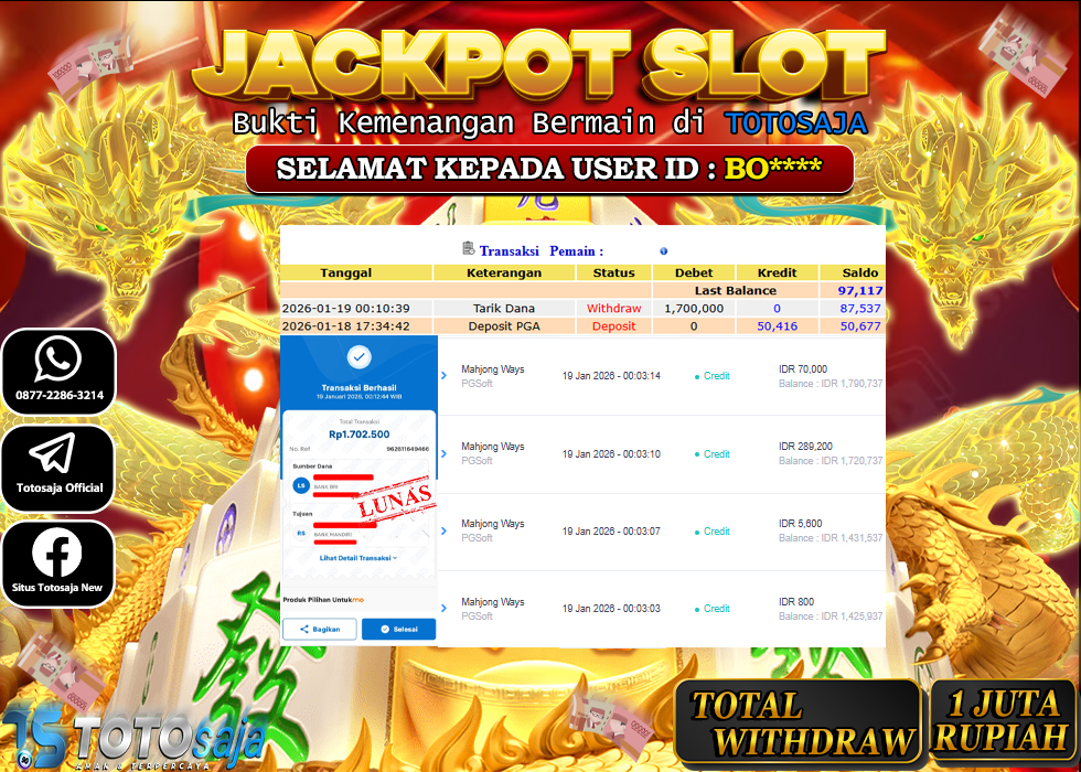 TOTOSAJA JACKPOT SLOT ONLINE MAHJONG WAYS Rp.1.700.000,- LUNAS
