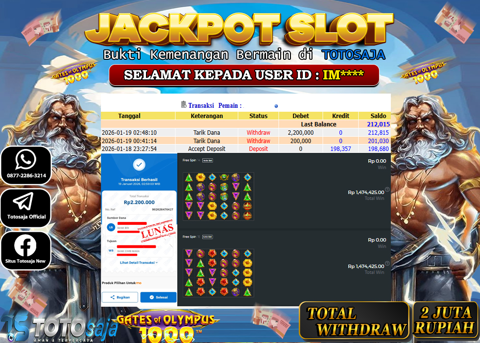 TOTOSAJA JACKPOT SLOT ONLINE GATES OF OLYMPUS 1000 Rp.2.200.000,- LUNAS