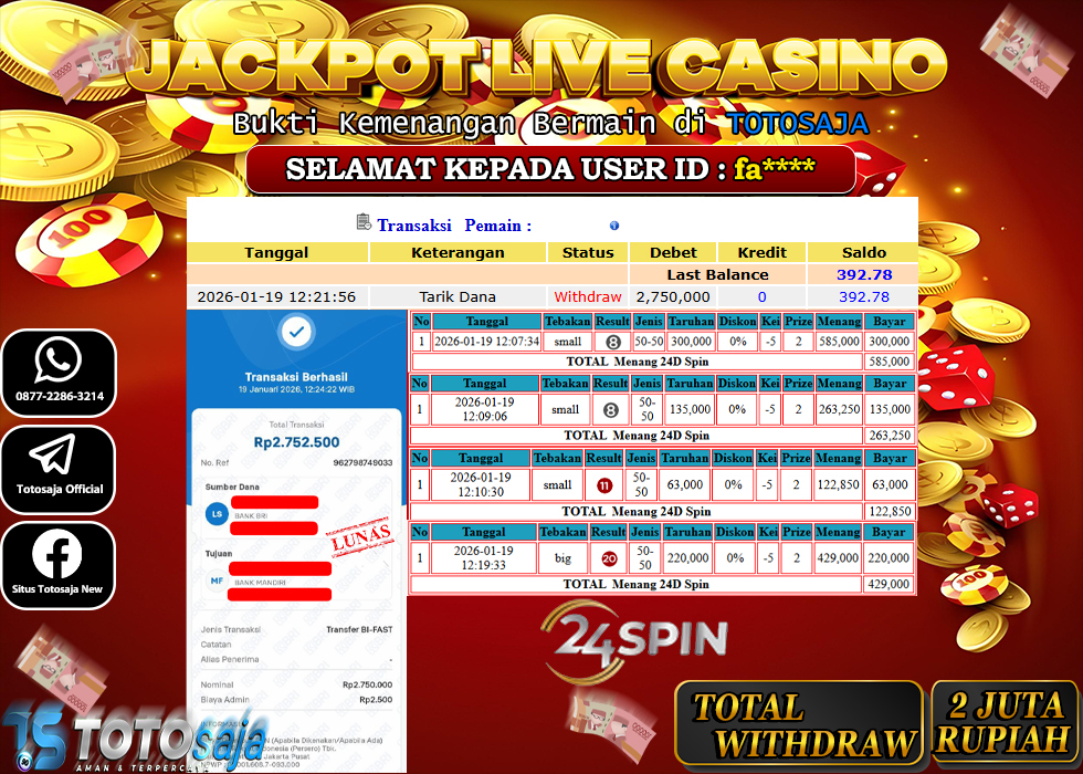 TOTOSAJA JACKPOT LIVE CASINO ONLINE 24D SPIN Rp.2.750.000,- LUNAS