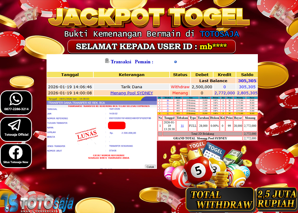 TOTOSAJA JACKPOT TOGEL ONLINE SYDNEY Rp.2.500.000,- LUNAS
