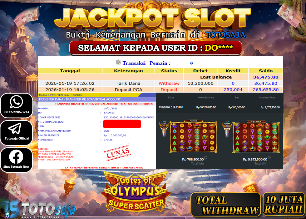 TOTOSAJA JACKPOT SLOT ONLINE GATES OF OLYMPUS SUPER SCATTER Rp10.300.000,- LUNAS