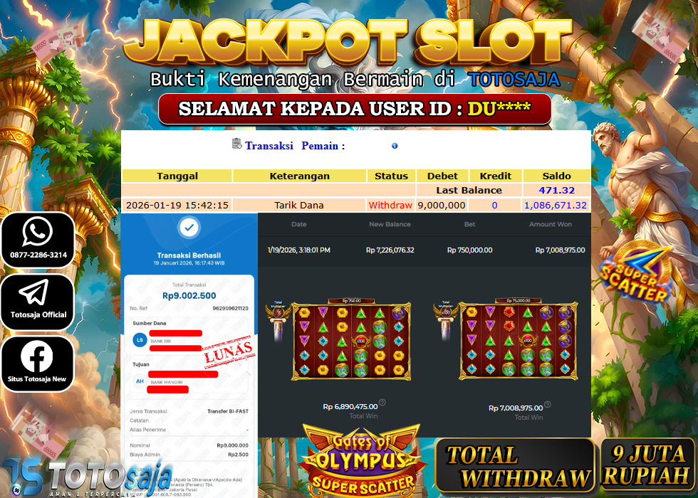 TOTOSAJA JACKPOT SLOT ONLINE GATES OF OLYMPUS SUPER SCATTER Rp.9.000.000,- LUNAS
