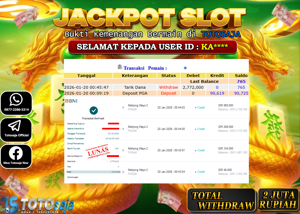 TOTOSAJA JACKPOT SLOT ONLINE MAHJONG WAYS Rp.2.772.000,- LUNAS