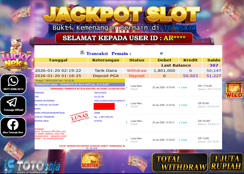 TOTOSAJA JACKPOT SLOT ONLINE LUCKY NEKO  Rp.1.801.000,- LUNAS