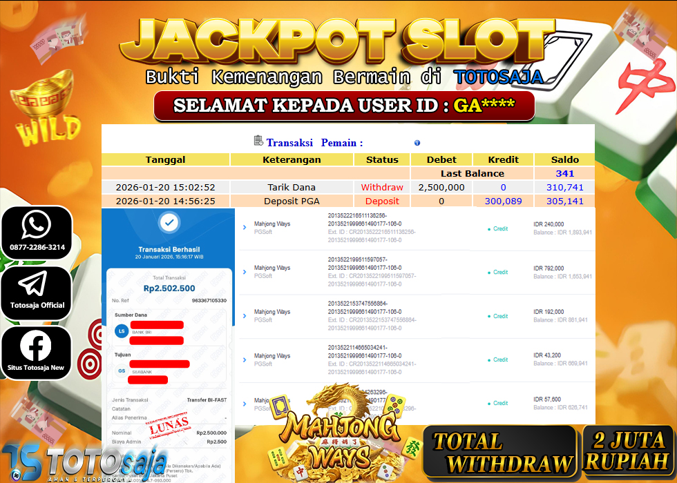 TOTOSAJA JACKPOT SLOT ONLINE MAHJONG WAYS Rp.2.500.000,- LUNAS