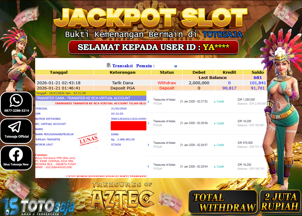 TOTOSAJA JACKPOT SLOT ONLINE treasures of aztec Rp.2.000.000,- LUNAS