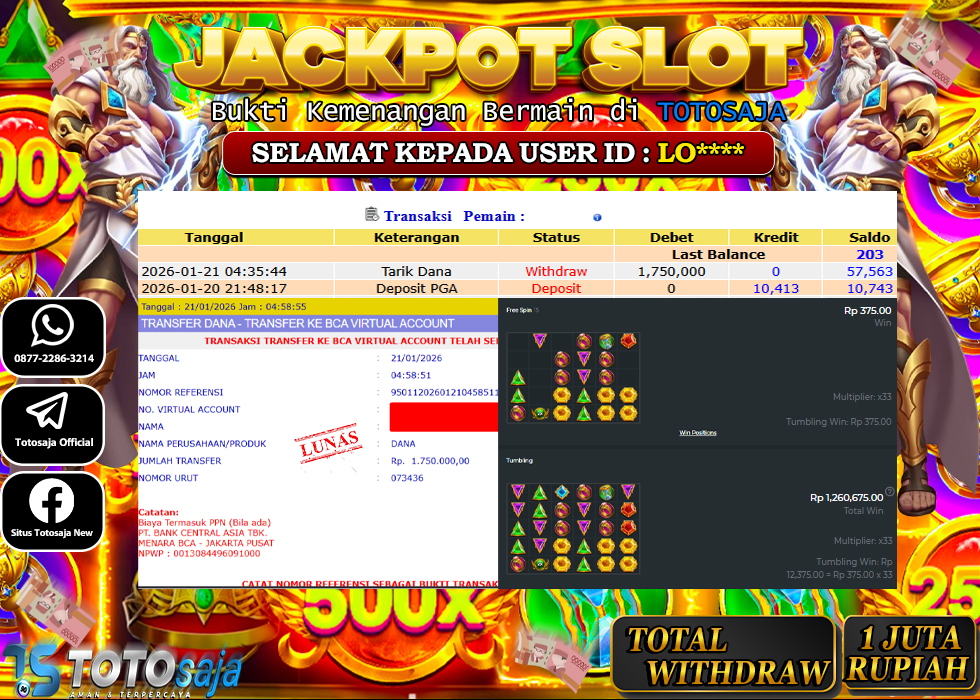 TOTOSAJA JACKPOT SLOT ONLINE GATES OF OLYMPUS SUPER SCATTER Rp.1.750.000,- LUNAS