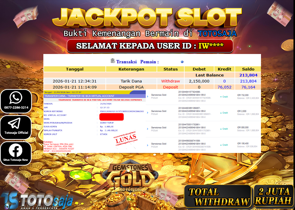 TOTOSAJA JACKPOT SLOT ONLINE GEMSTONES GOLD Rp.2.100.000,- LUNAS