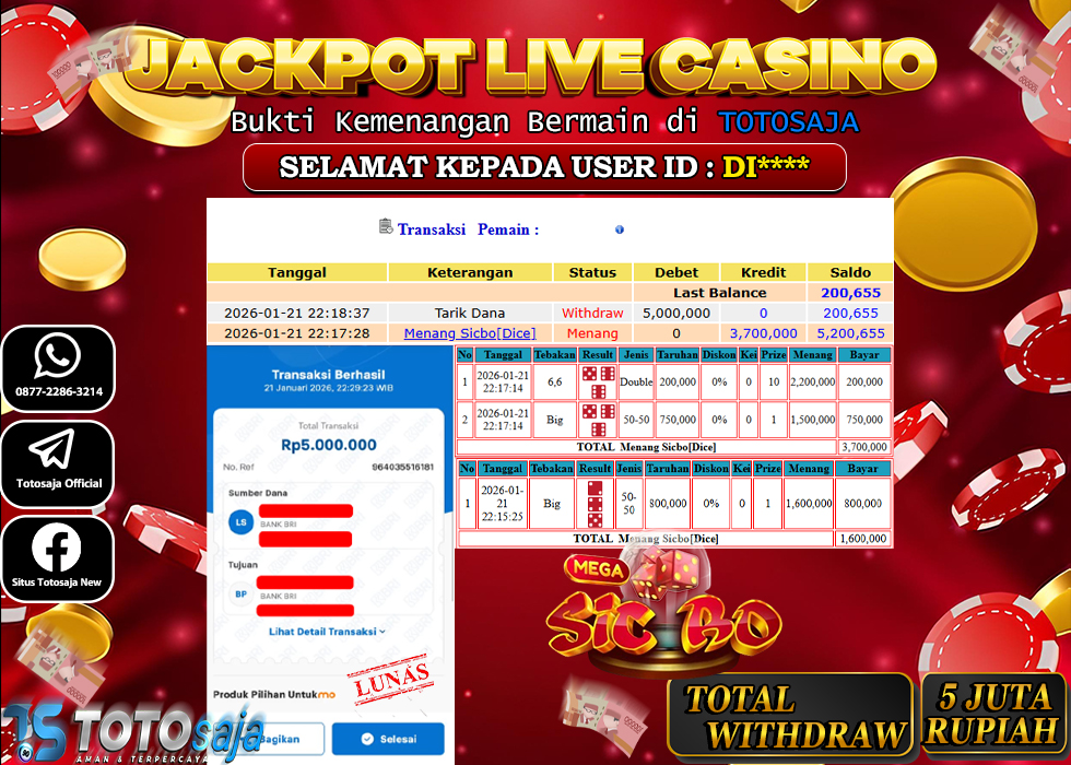 TOTOSAJA JACKPOT LIVE CASINO ONLINE SICBO DICE Rp.5.000.000,- LUNAS