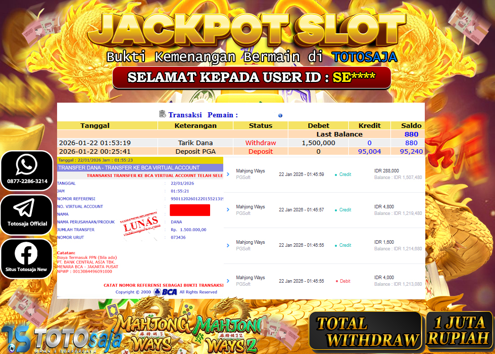 TOTOSAJA JACKPOT SLOT ONLINE MAHJONG WAYS Rp.1.500.000,- LUNAS