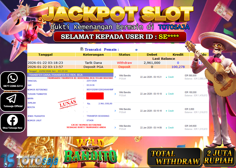 TOTOSAJA JACKPOT SLOT ONLINE WILD BANDITO Rp.2.961.000,- LUNAS