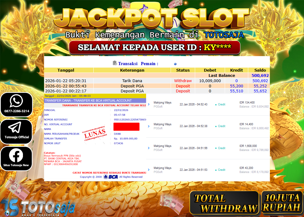 TOTOSAJA JACKPOT SLOT ONLINE MAHJONG WAYS Rp.10.009.000,- LUNAS