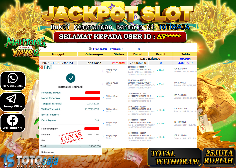 TOTOSAJA JACKPOT SLOT ONLINE MAHJONG WAYS 2 Rp.25.000.000,- LUNAS